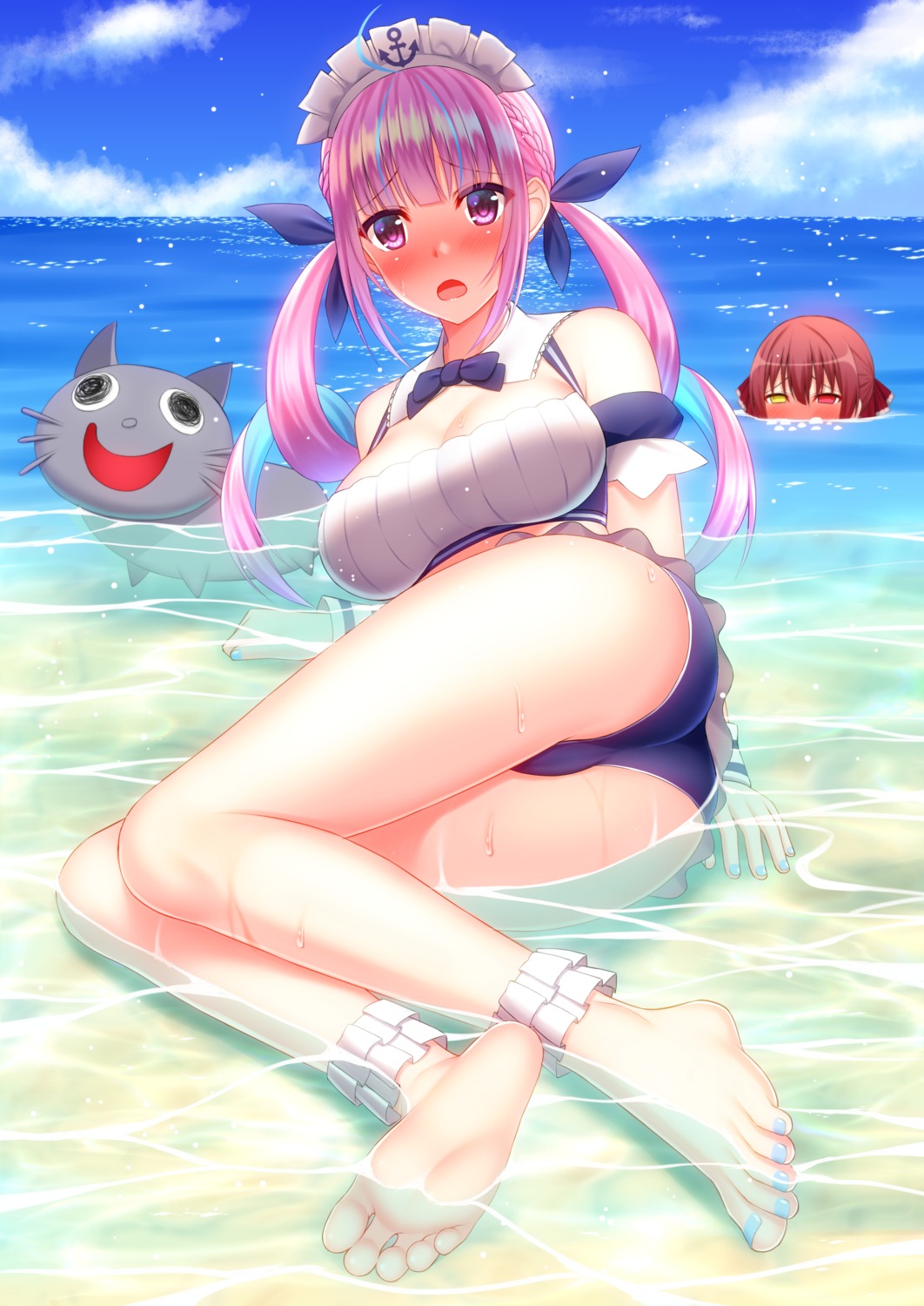 ass bikini cleavage feet heterochromia hololive houshou_marine maid minato_aqua shirouzu_myuuta skirt_lift swimsuits wet