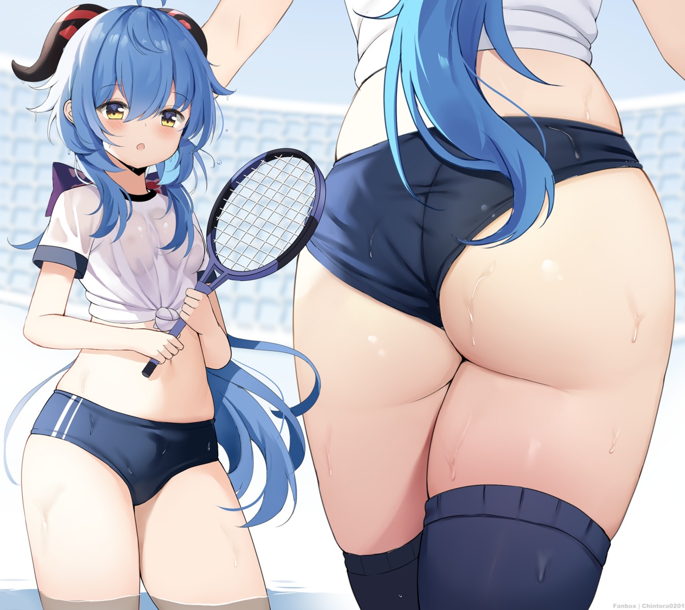 ass buruma chintora0201 ganyu genshin_impact gym_uniform horns see_through tennis wet_clothes