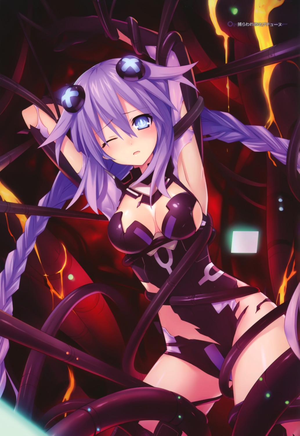 bodysuit bondage choujigen_game_neptune cleavage purple_heart torn_clothes