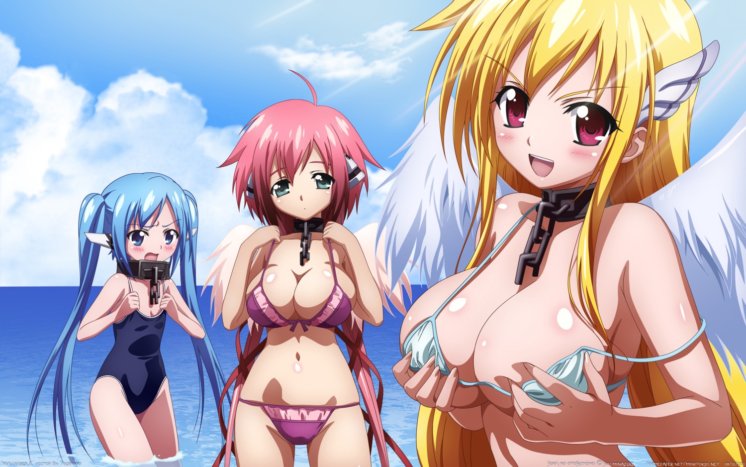 astraea bikini breast_grab breast_hold cleavage ikaros nymph school_swimsuit sora_no_otoshimono swimsuits vector_trace wallpaper watanabe_yoshihiro wings