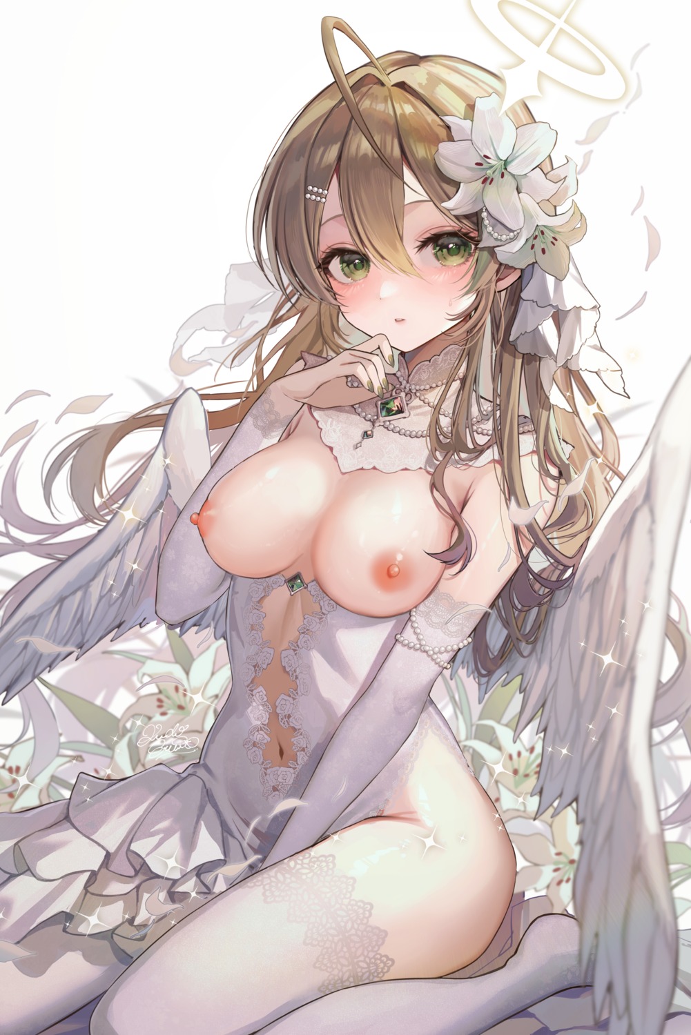 angel breasts dress kudou_eru nipples no_bra nopan thighhighs wings