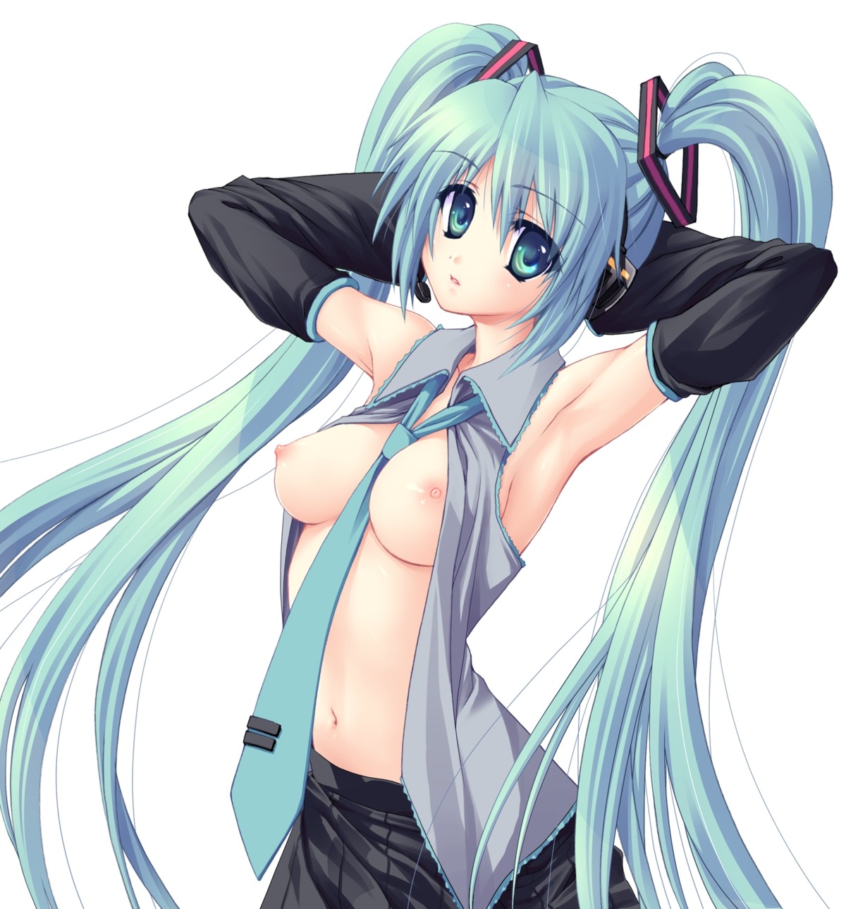 breasts hatsune_miku kinosaki_yuki nipples no_bra open_shirt vocaloid