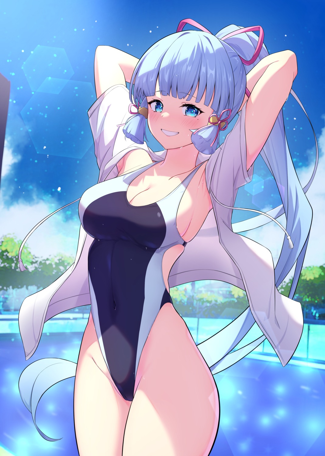 cocoablue23 genshin_impact kamisato_ayaka open_shirt swimsuits