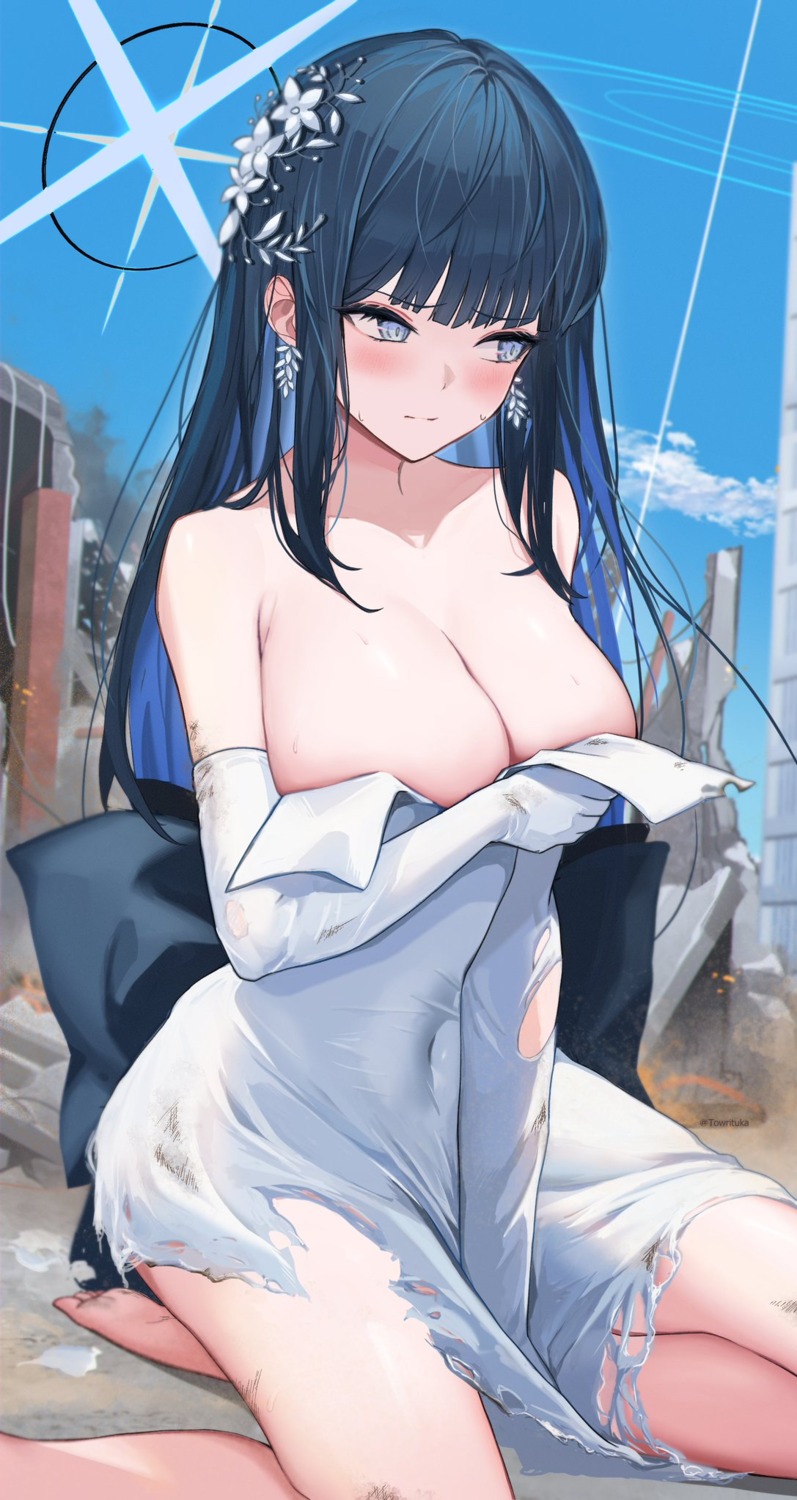 blue_archive breast_hold dress halo joumae_saori no_bra torn_clothes towrituka wardrobe_malfunction