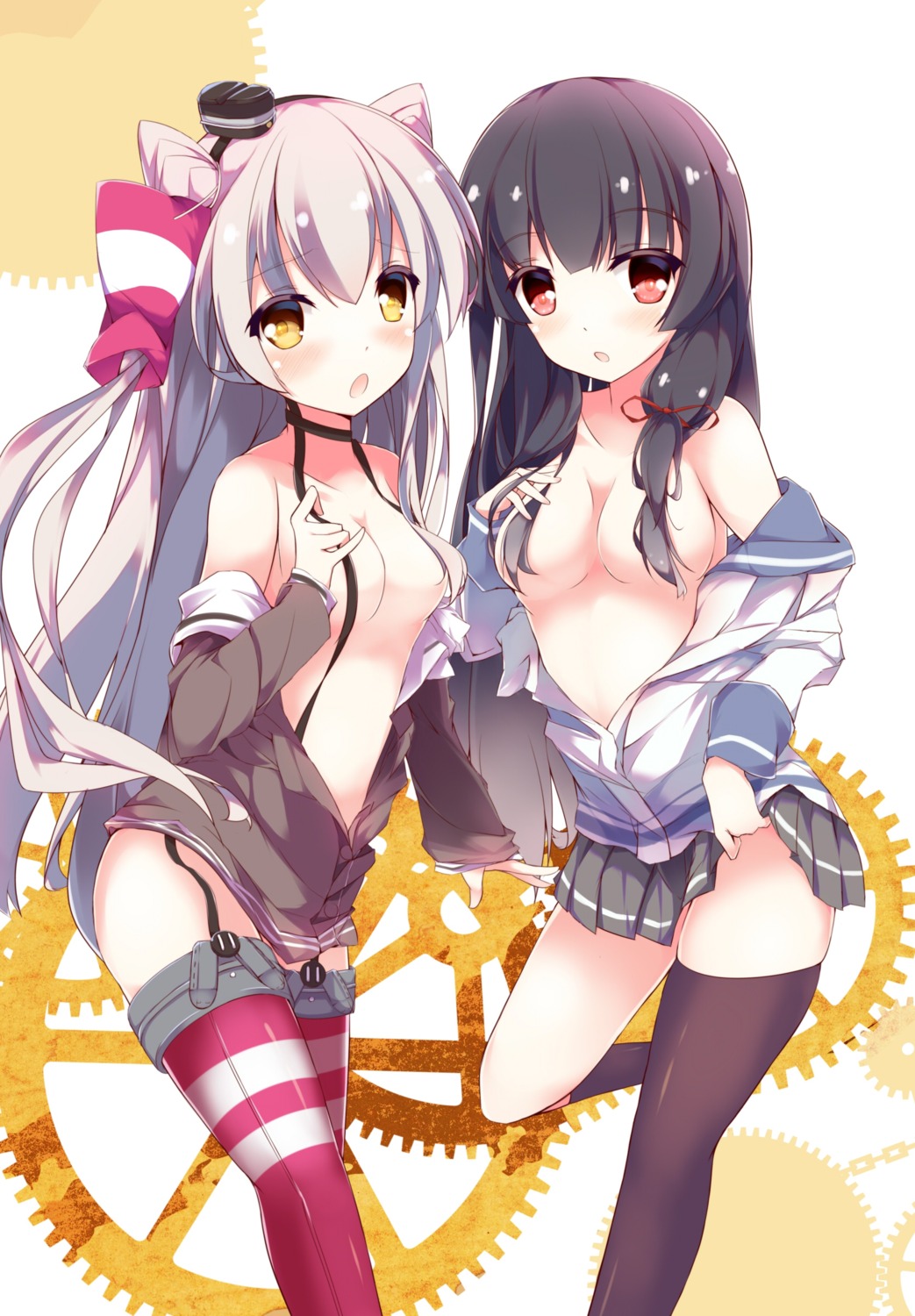 amatsukaze_(kancolle) breasts fuuna isokaze_(kancolle) kantai_collection no_bra open_shirt seifuku skirt_lift stockings thighhighs