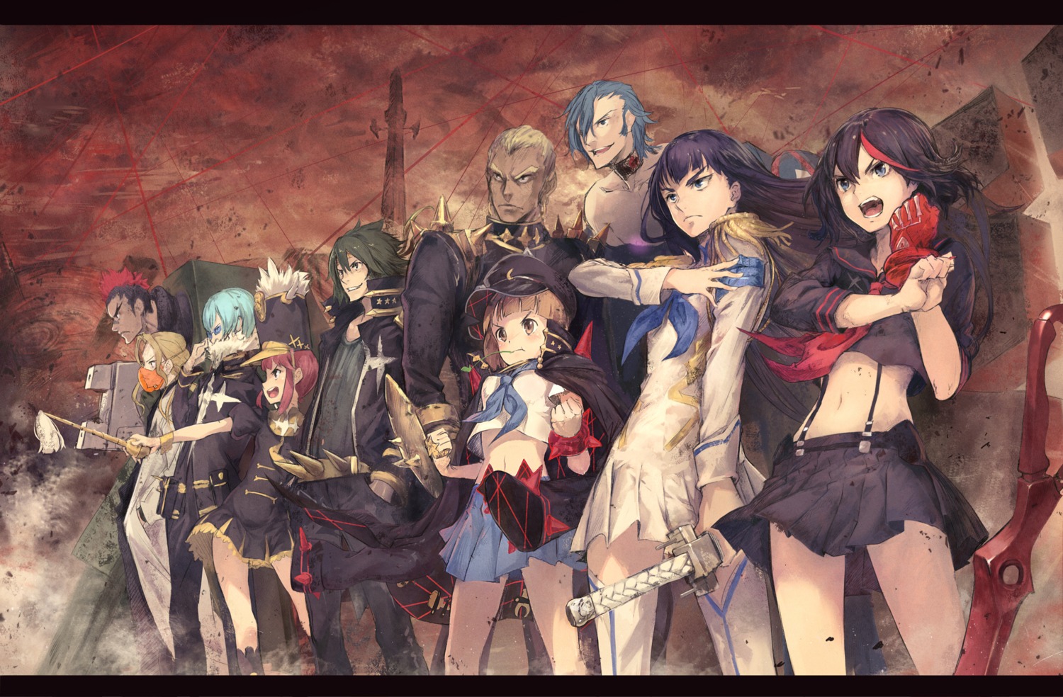 gamagoori_ira inumuta_houka iori_shirou jakuzure_nonon junketsu kill_la_kill kinagase_tsumugu kiryuuin_satsuki mankanshoku_mako matoi_ryuuko megane mikisugi_aikurou sanageyama_uzu seifuku senketsu shouin sword thighhighs