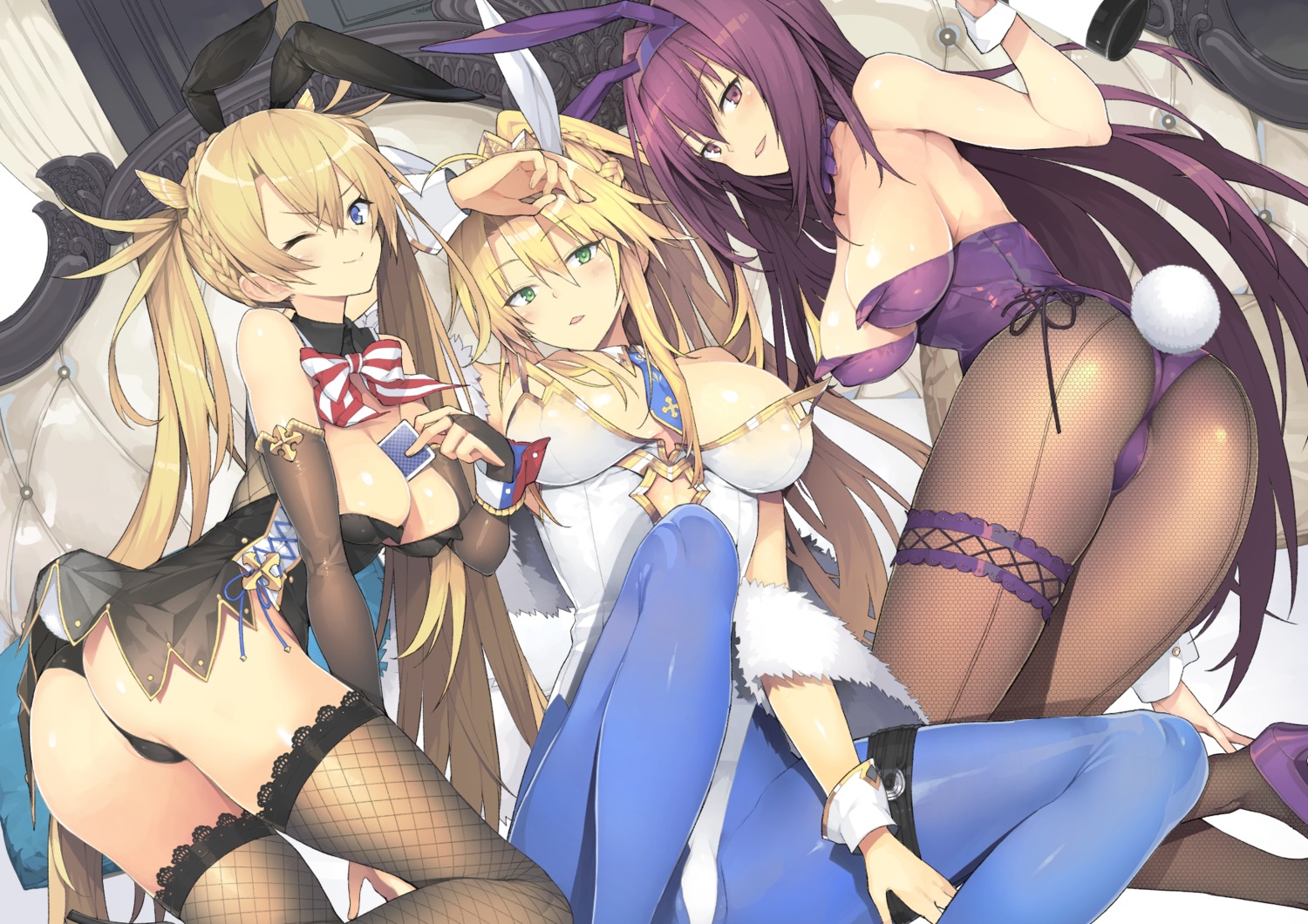 animal_ears artoria_pendragon_(lancer) ass bradamante_(fate) bunny_ears bunny_girl fate/grand_order fishnets garter no_bra pantyhose scathach_(fate/grand_order) tail thighhighs yuguru