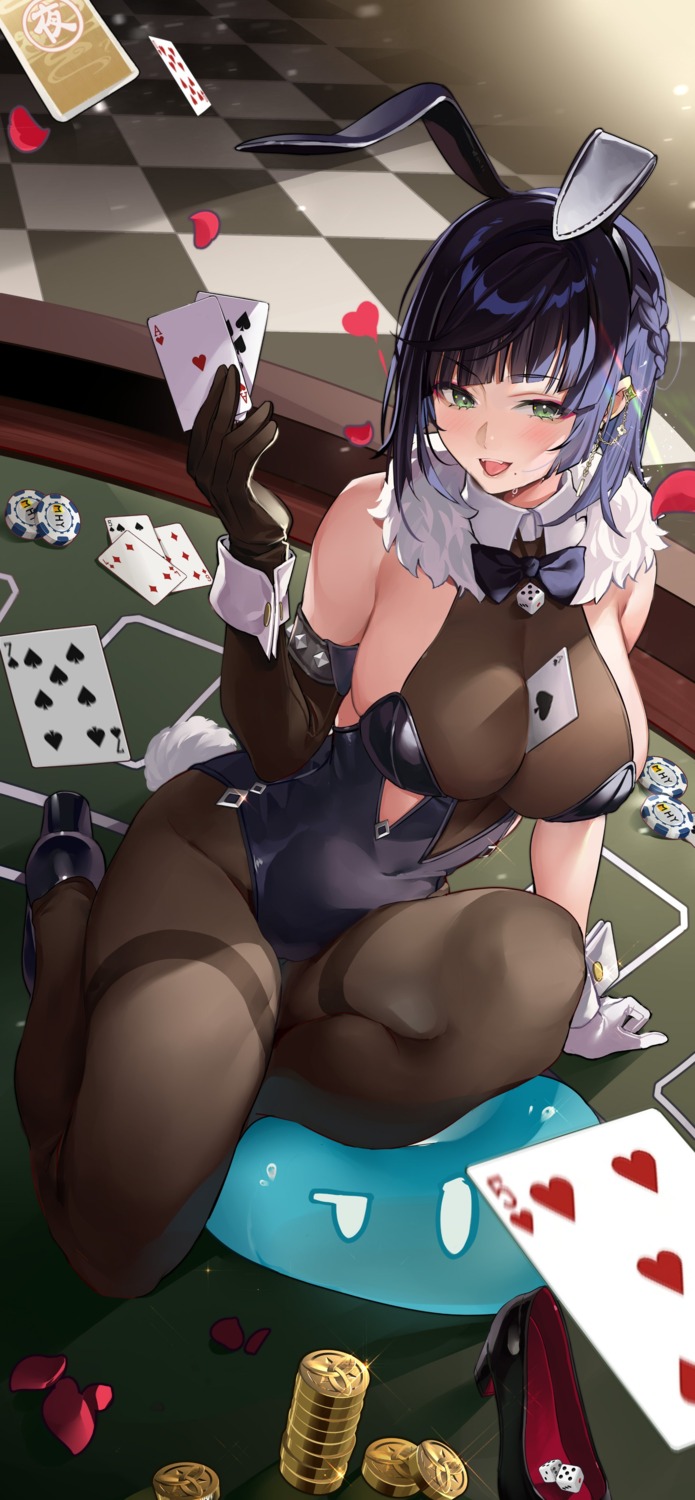 animal_ears bunny_ears bunny_girl genshin_impact heels kikimi no_bra pantyhose see_through tail yelan