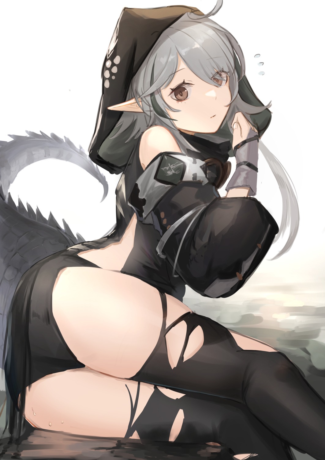 arknights ass pantsu pointy_ears tagme tail thighhighs tomimi_(arknights) torn_clothes wet