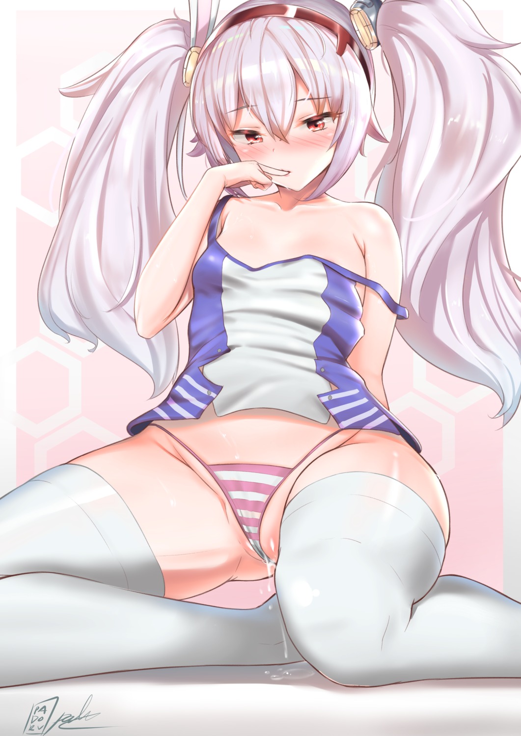 animal_ears azur_lane bunny_ears cameltoe laffey_(azur_lane) loli no_bra padoruu pantsu pussy_juice shimapan thighhighs thong