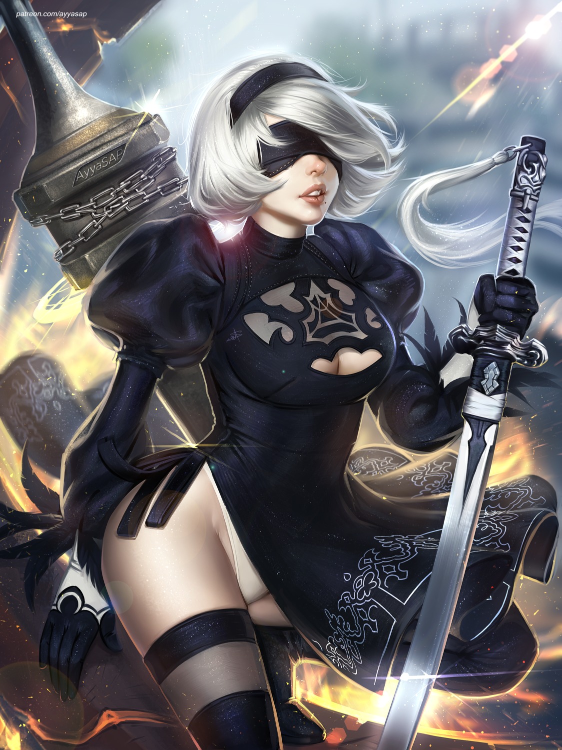 ayyasap cleavage dress leotard nier_automata possible_duplicate see_through skirt_lift sword thighhighs yorha_no.2_type_b