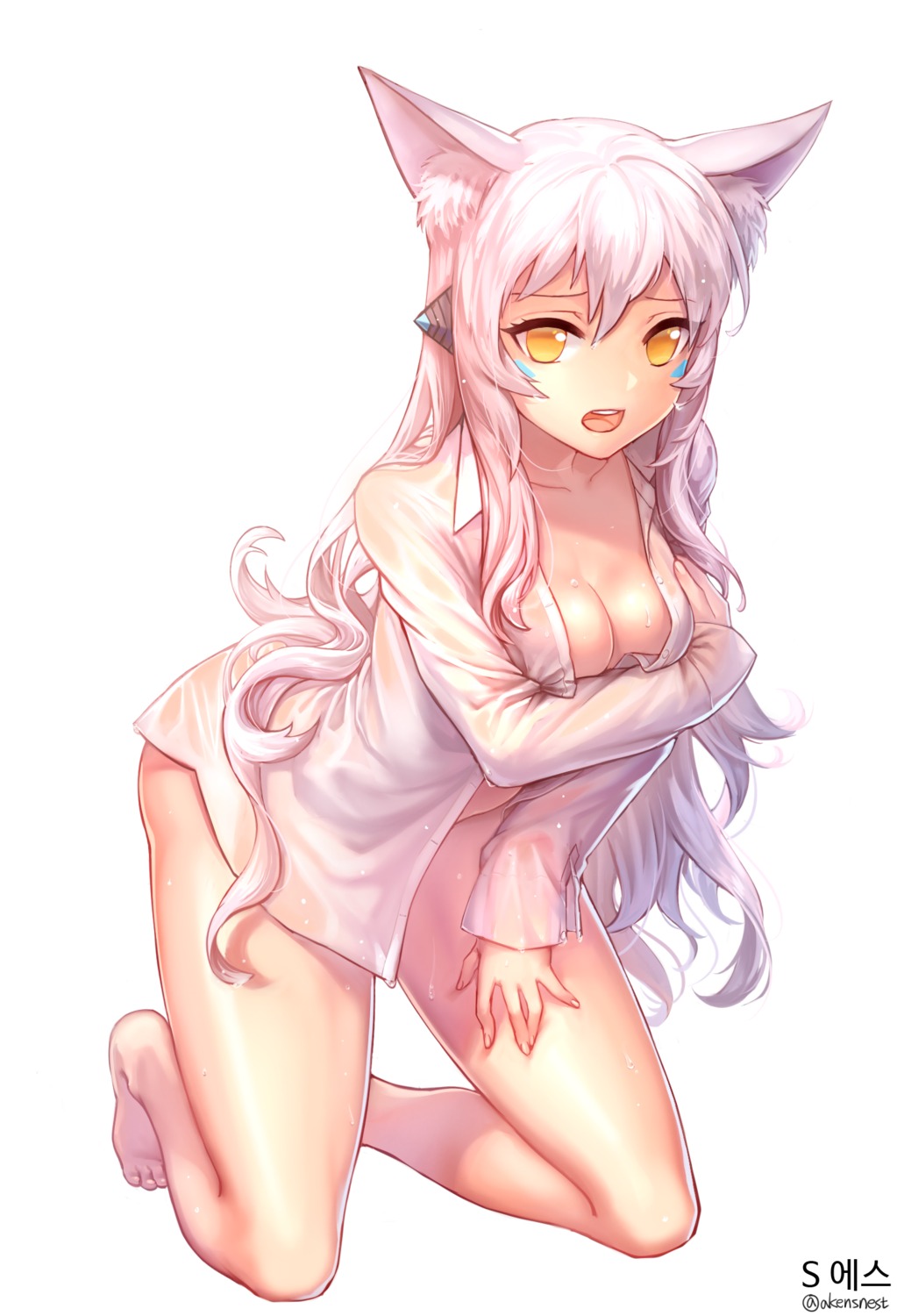 aken animal_ears bottomless breast_hold cleavage no_bra open_shirt see_through wet_clothes