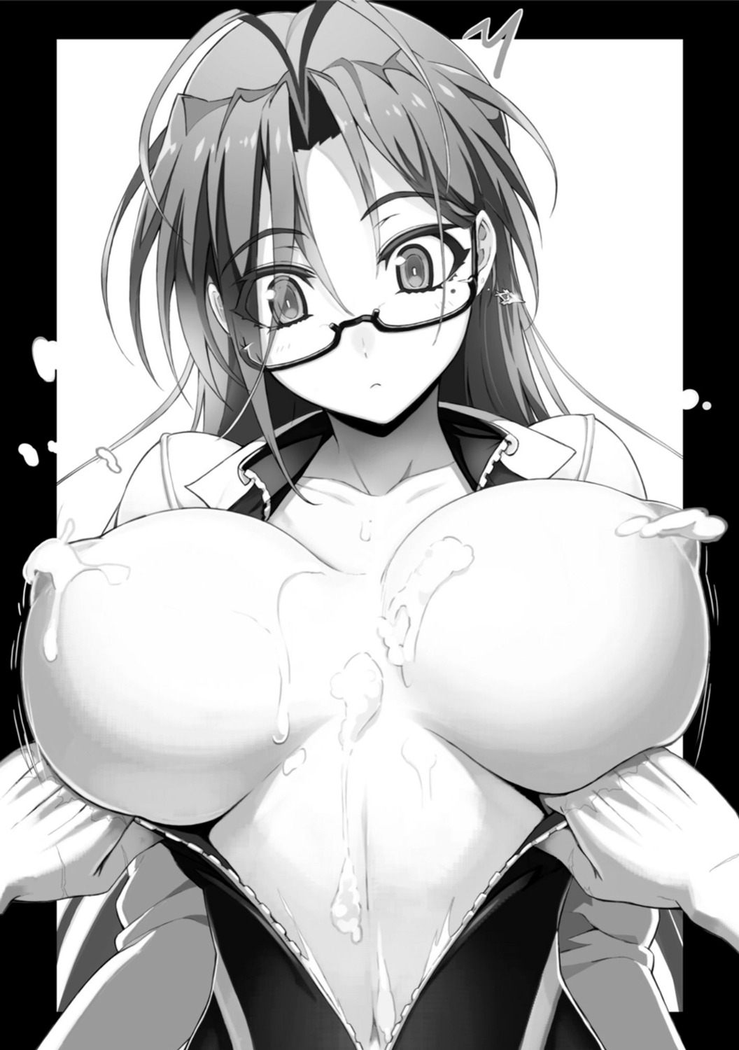 areola breasts cream hasegawa_chisato megane monochrome no_bra ookuma_nekosuke open_shirt shinmai_maou_no_testament undressing