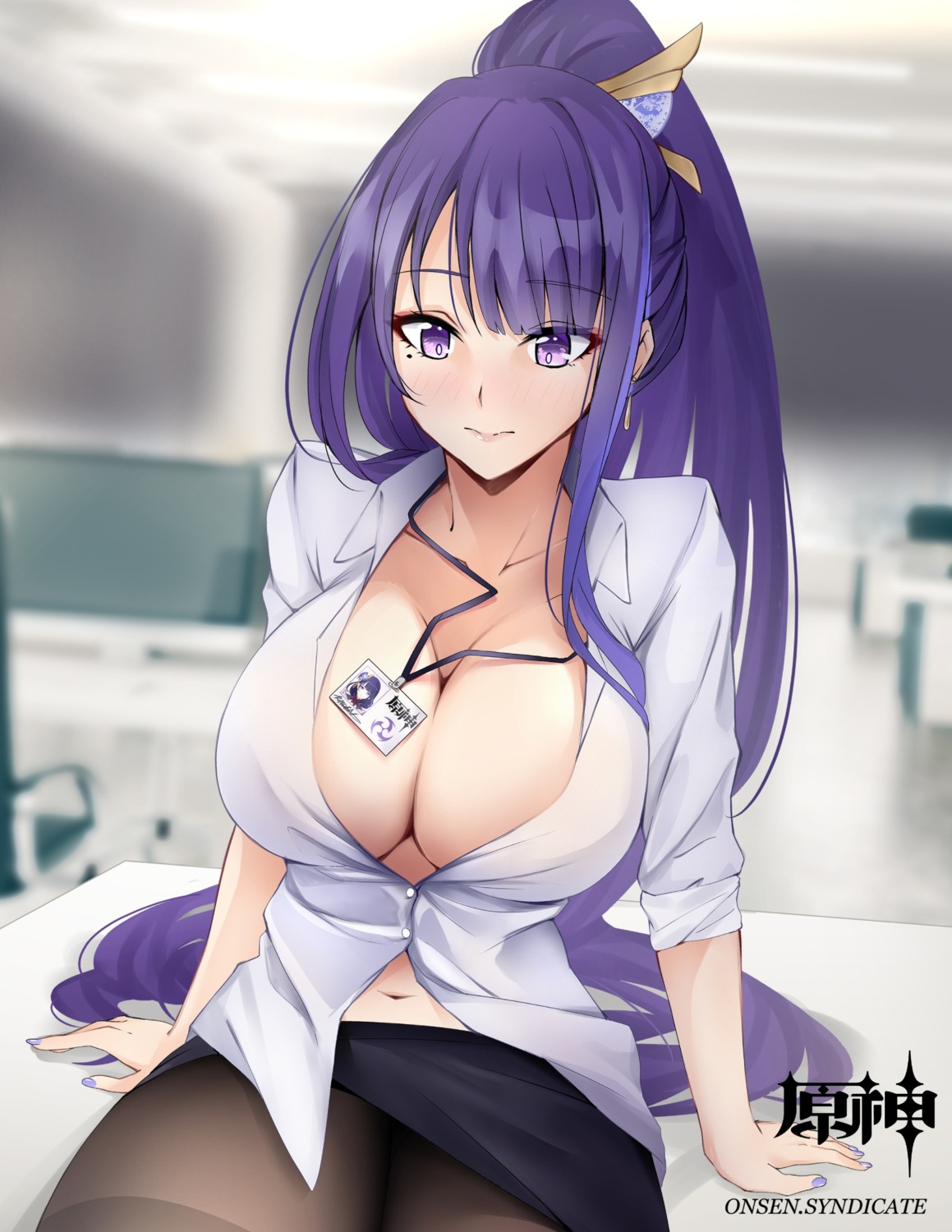 dress_shirt genshin_impact no_bra onsen_syndicate open_shirt pantyhose raiden_shogun skirt_lift