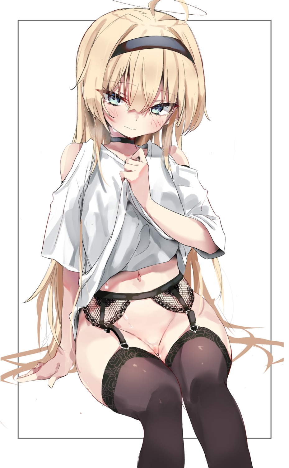 dress_shirt garter_belt nopan pussy shirt_lift stockings thighhighs toshizou_(0714) uncensored