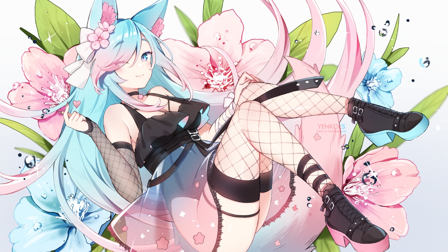 animal_ears bandages fishnets heels leotard skirt_lift tail thighhighs yenkoes