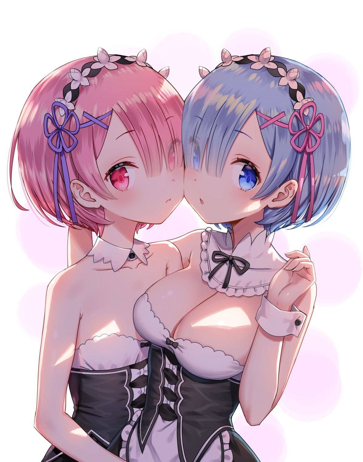 cleavage maid no_bra ram_(re_zero) re_zero_kara_hajimeru_isekai_seikatsu rem_(re_zero) symmetrical_docking yasuyuki yuri