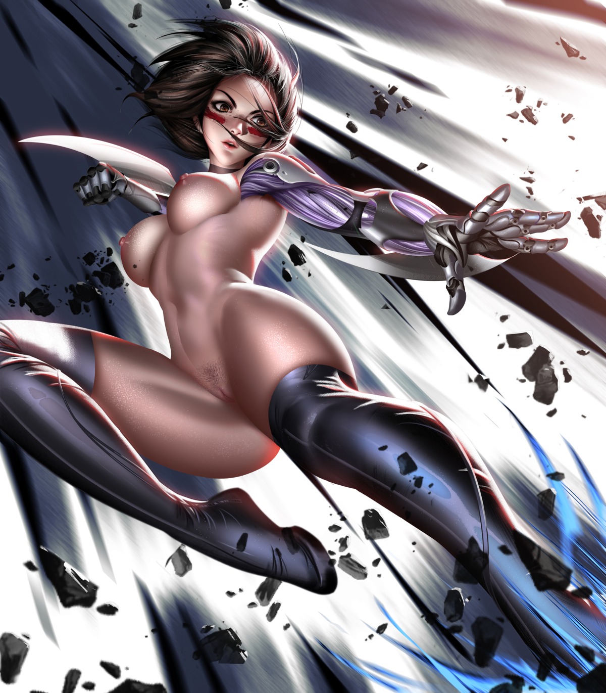 gally gunnm liang_xing mecha_musume naked nipples pubic_hair pussy thighhighs uncensored weapon