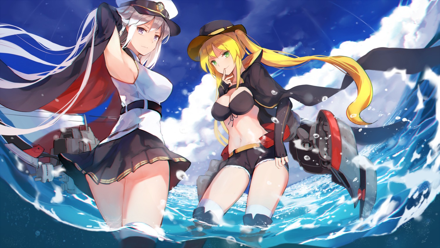 azur_lane bikini_top cleavage enterprise_(azur_lane) hornet_(azur_lane) natsumoka swimsuits thighhighs uniform wallpaper wet