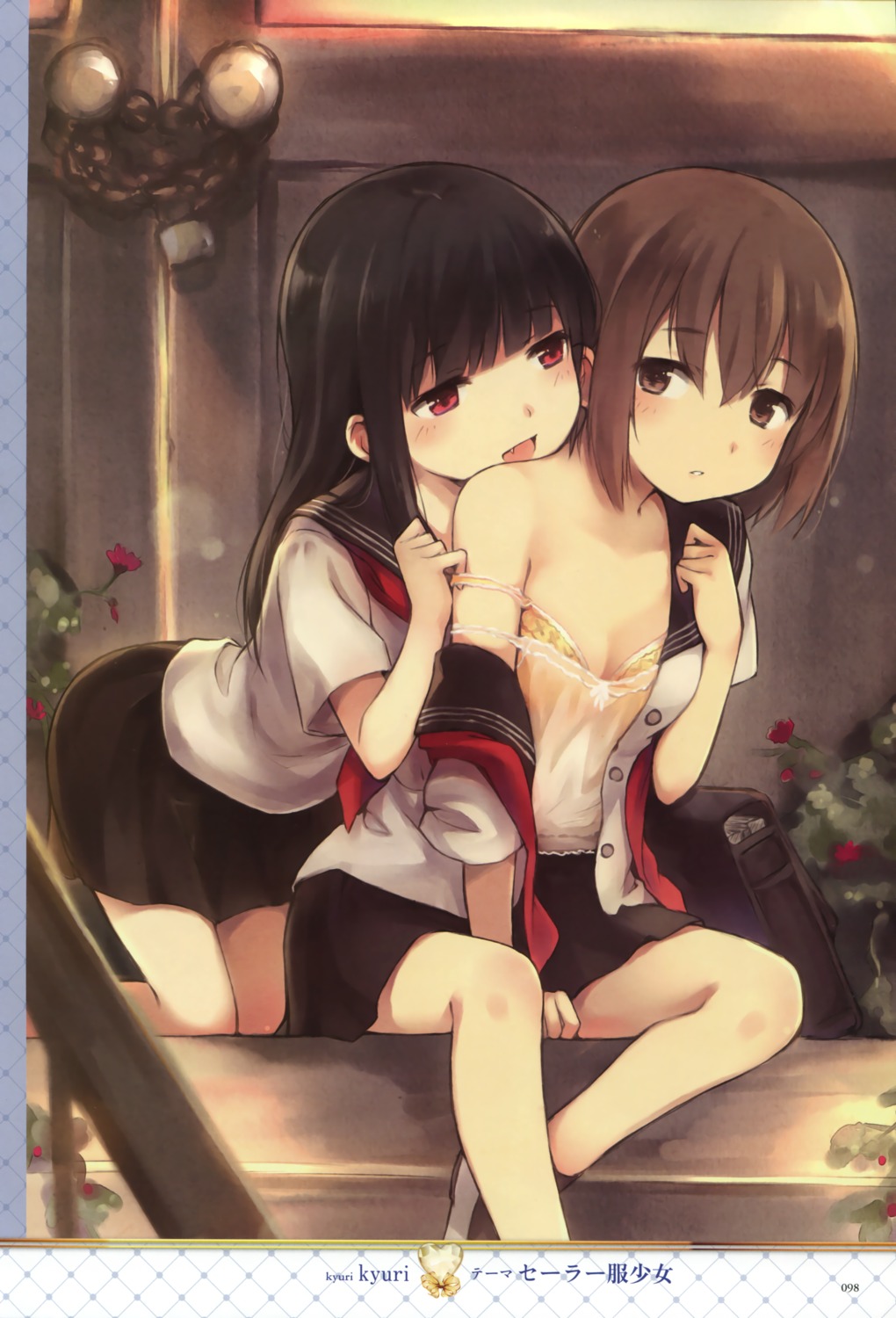 bra cleavage kyuri lingerie loli open_shirt seifuku undressing yuri