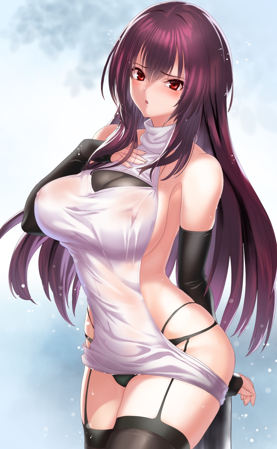 areola effort_star erect_nipples fate/grand_order no_bra pantsu scathach_(fate/grand_order) see_through stockings thighhighs