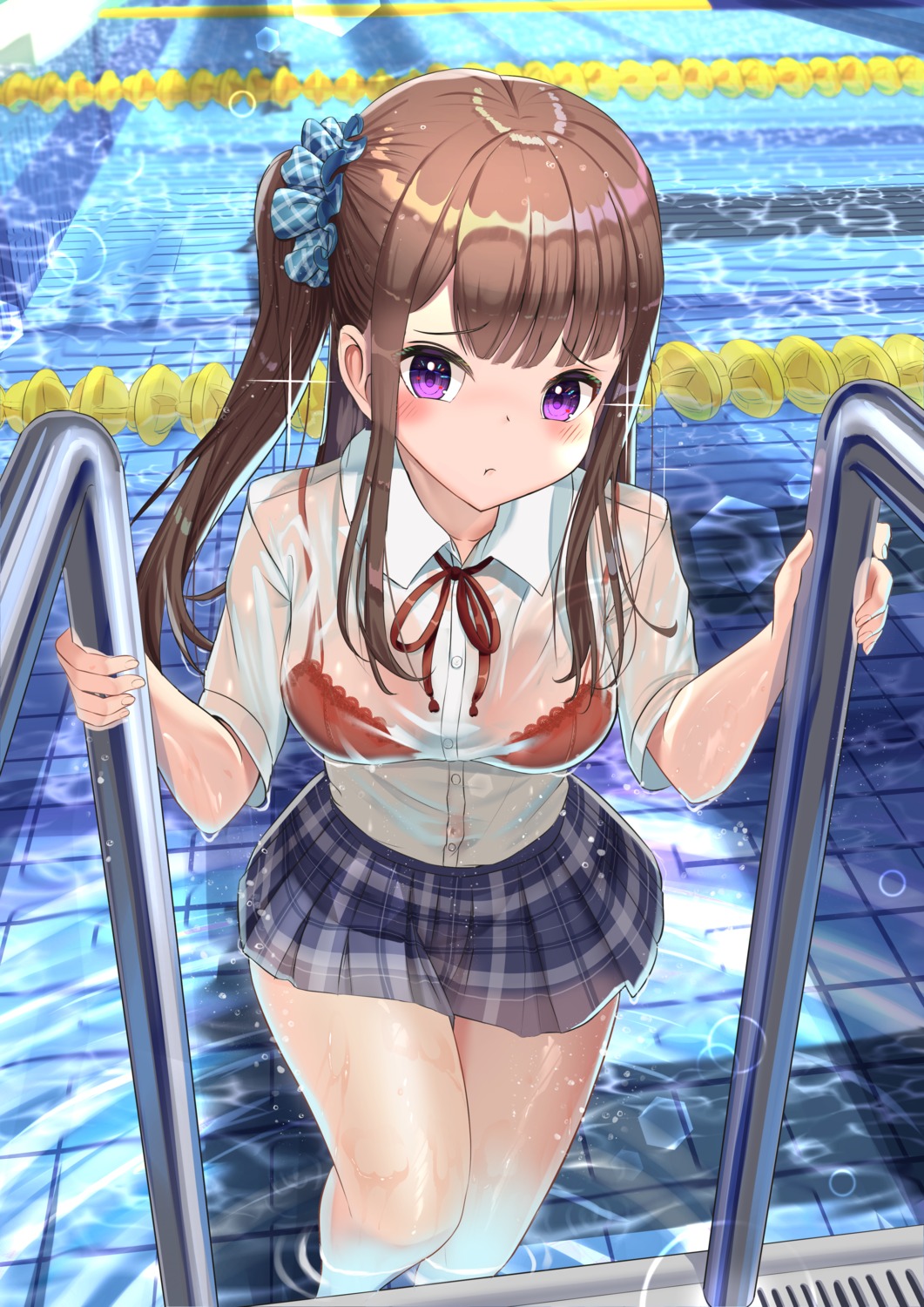 bra see_through seifuku wanderlucia wet wet_clothes