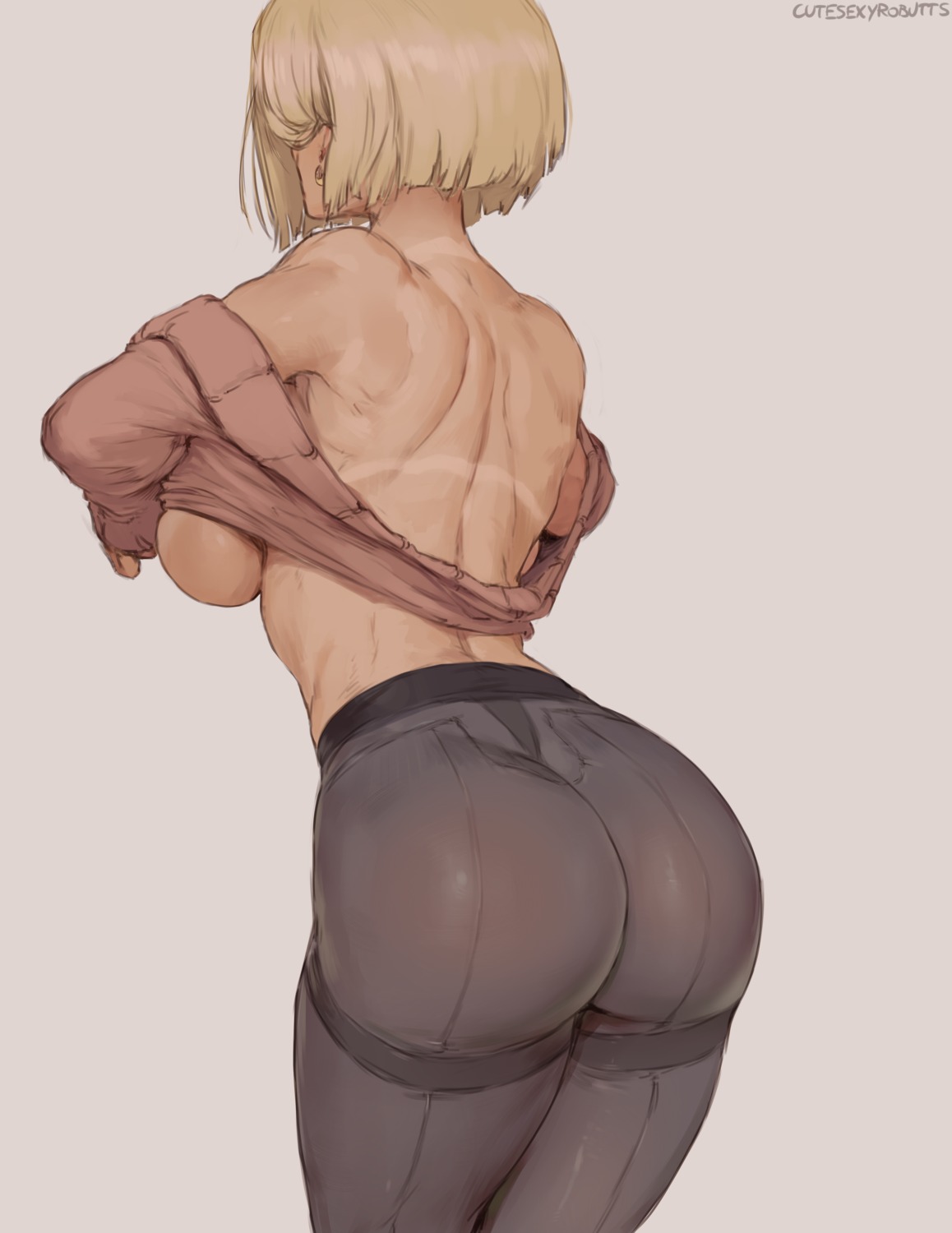 android_18 ass breasts cutesexyrobutts dragon_ball dragon_ball_z no_bra open_shirt pantyhose shirt_lift sweater tan_lines