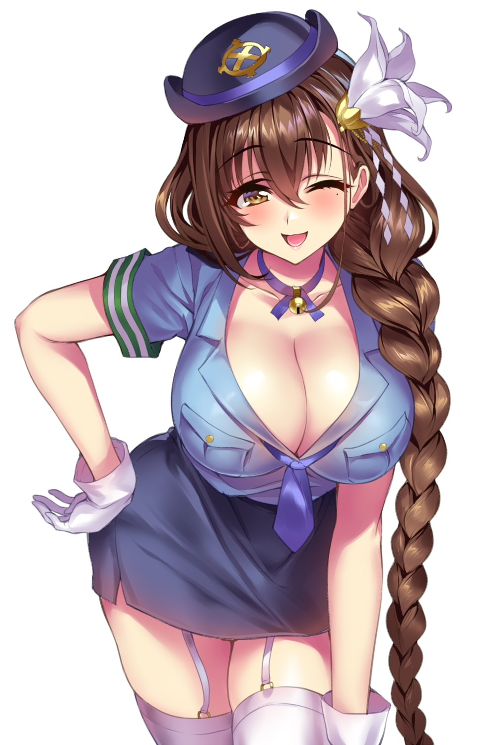 cleavage kanpani_girls open_shirt police_uniform senri_gan shirayuri_sakura stockings thighhighs uniform