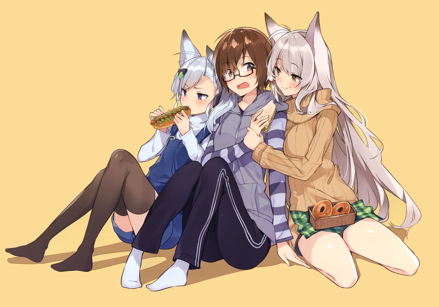 animal_ears megane mishima_kurone overalls sweater thighhighs yuri