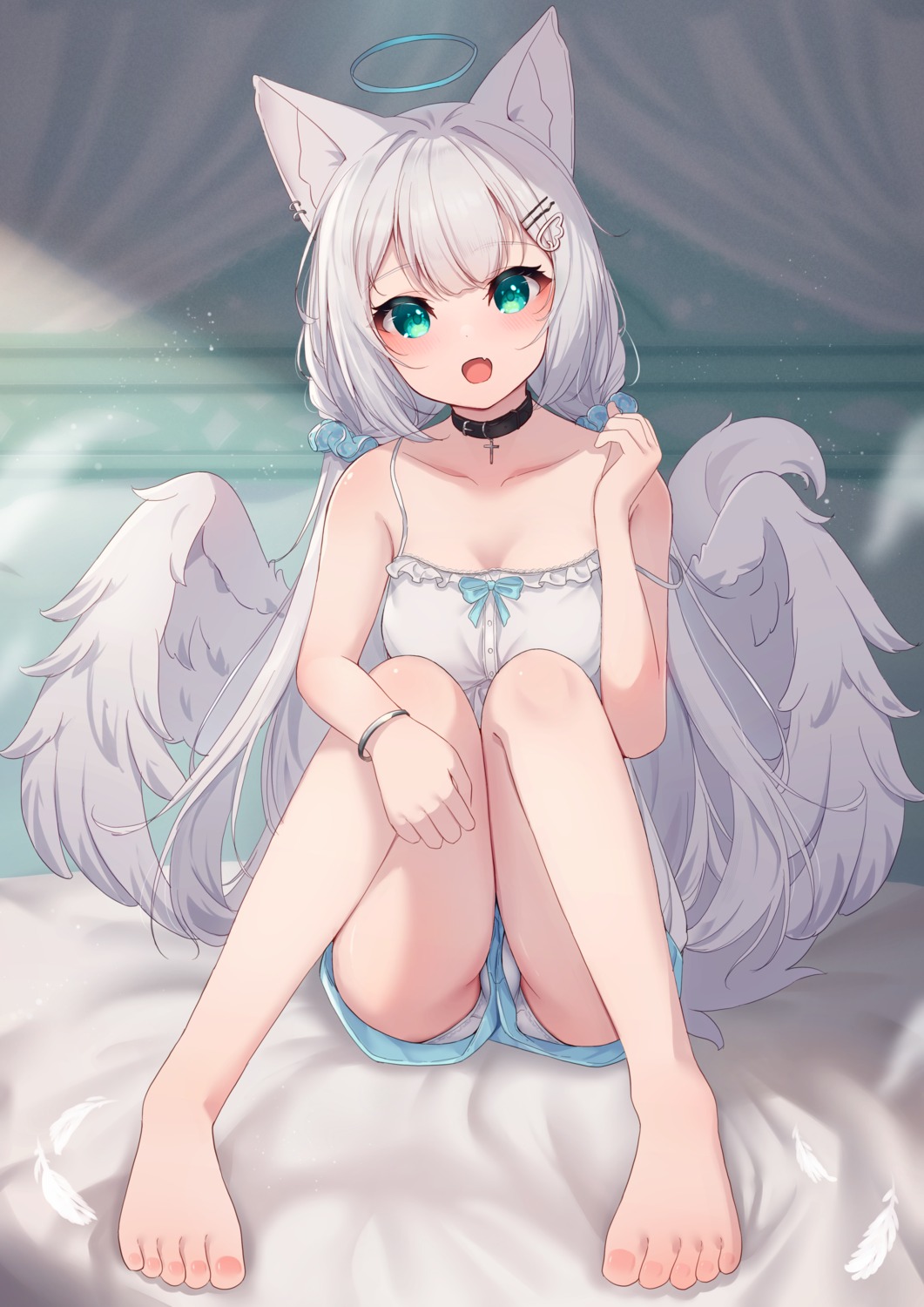 angel animal_ears feet hinata_(pixiv53862745) nekomimi pantsu wardrobe_malfunction wings