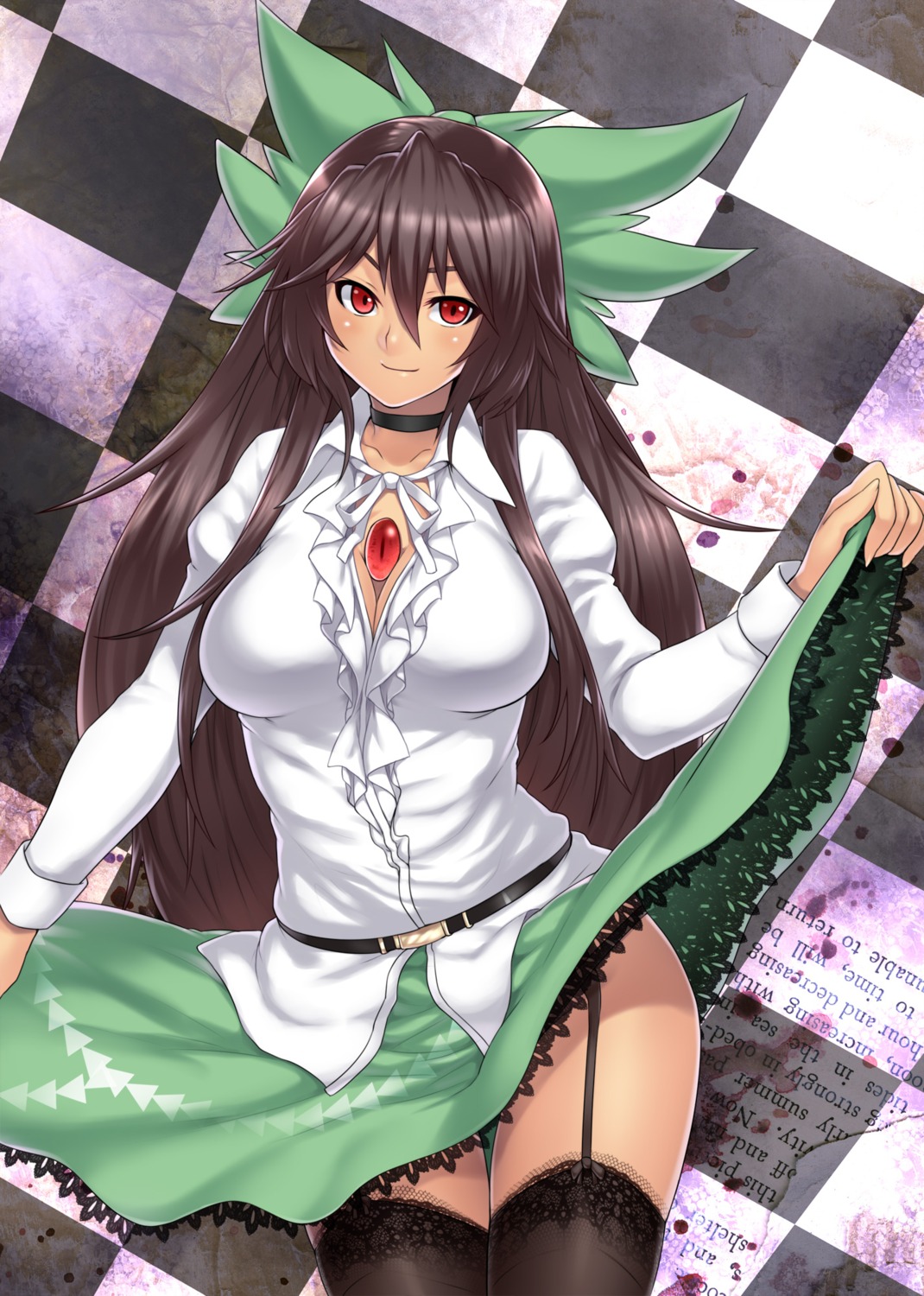 cleavage garter garter_belt houtengeki reiuji_utsuho skirt_lift stockings thighhighs touhou