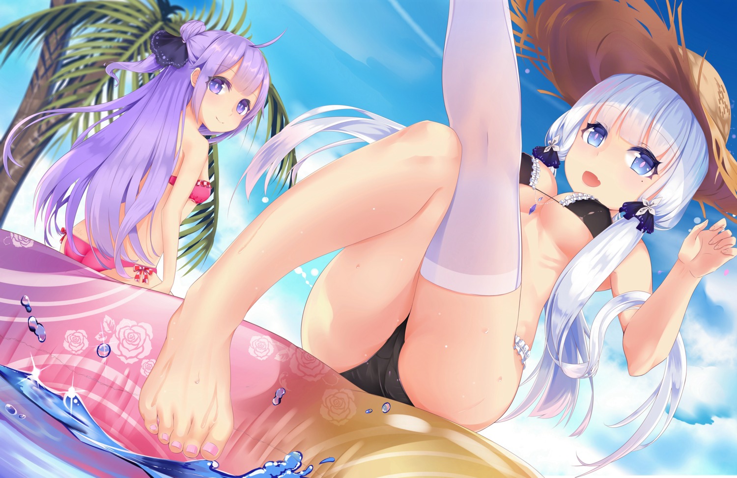 azur_lane bikini feet illustrious_(azur_lane) mikawa_sansen swimsuits thighhighs underboob unicorn_(azur_lane)