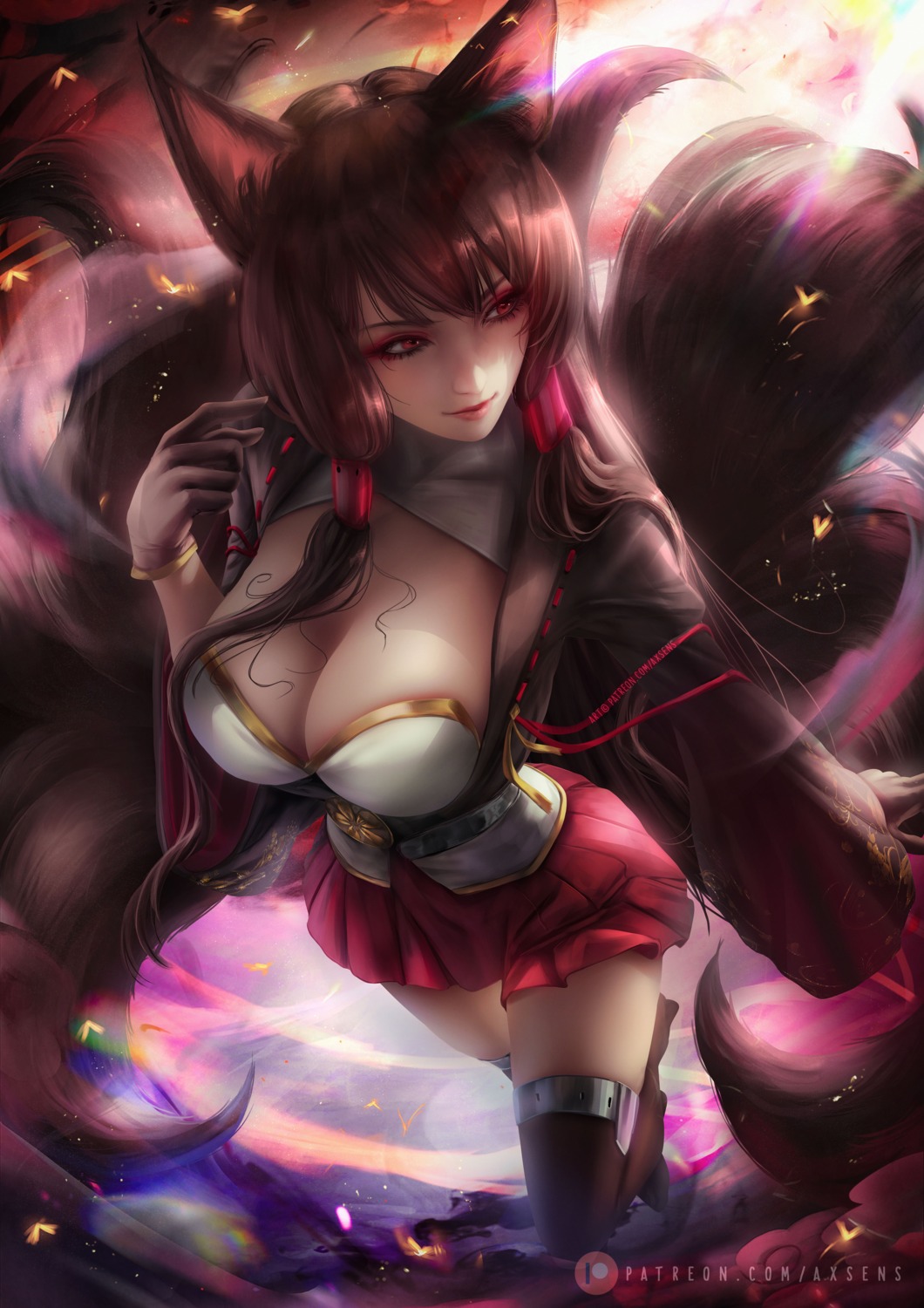 akagi_(azur_lane) animal_ears axsens azur_lane cleavage kitsune no_bra tail thighhighs