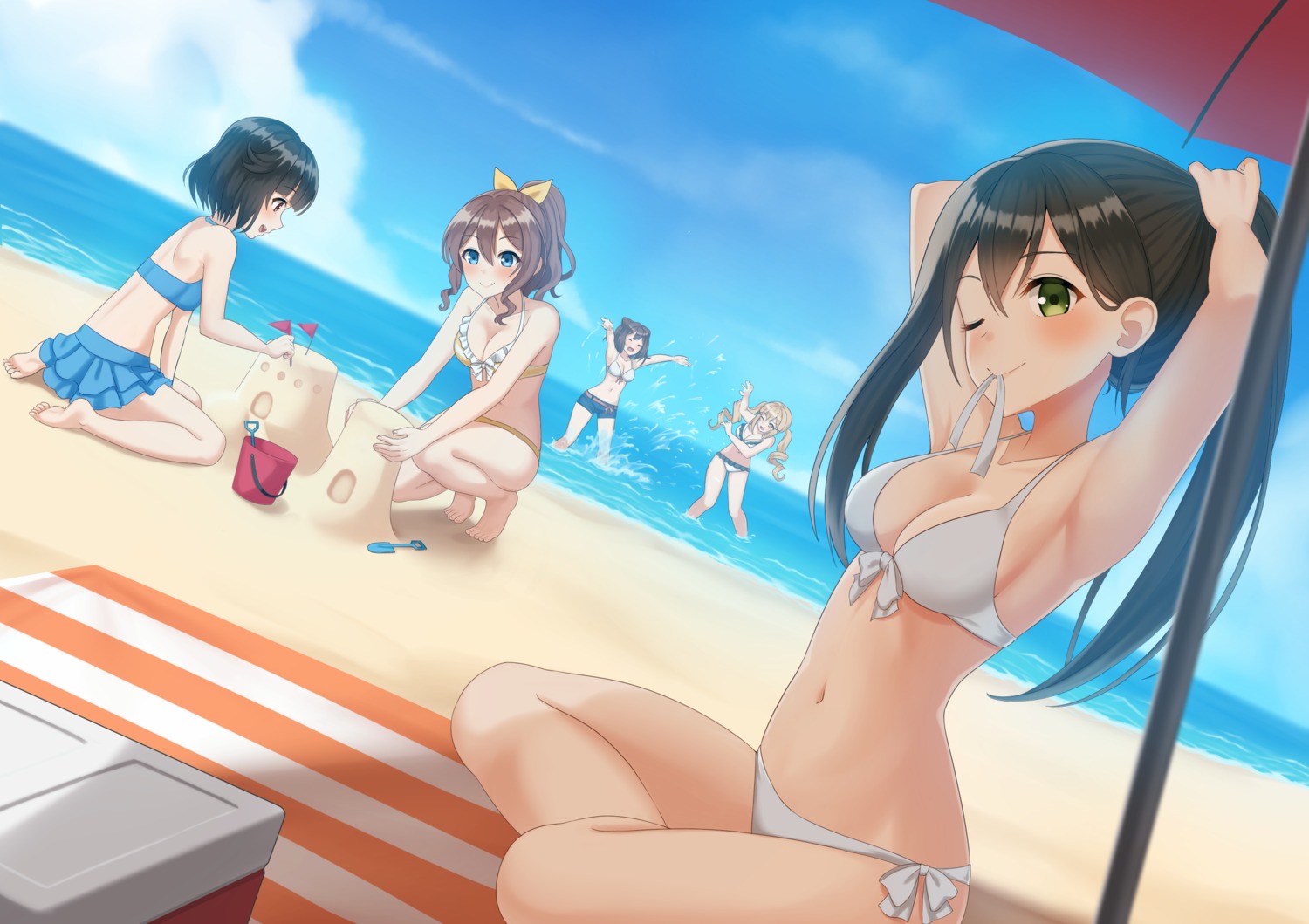 bang_dream! bikini cleavage hanazono_tae ichigaya_arisa kurisu-kun swimsuits toyama_kasumi ushigome_rimi wet yamabuki_saaya