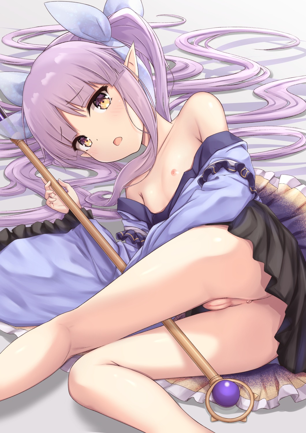 anus arata_(xin) ass censored hikawa_kyouka japanese_clothes loli nipples no_bra nopan open_shirt pointy_ears princess_connect princess_connect!_re:dive pussy skirt_lift weapon