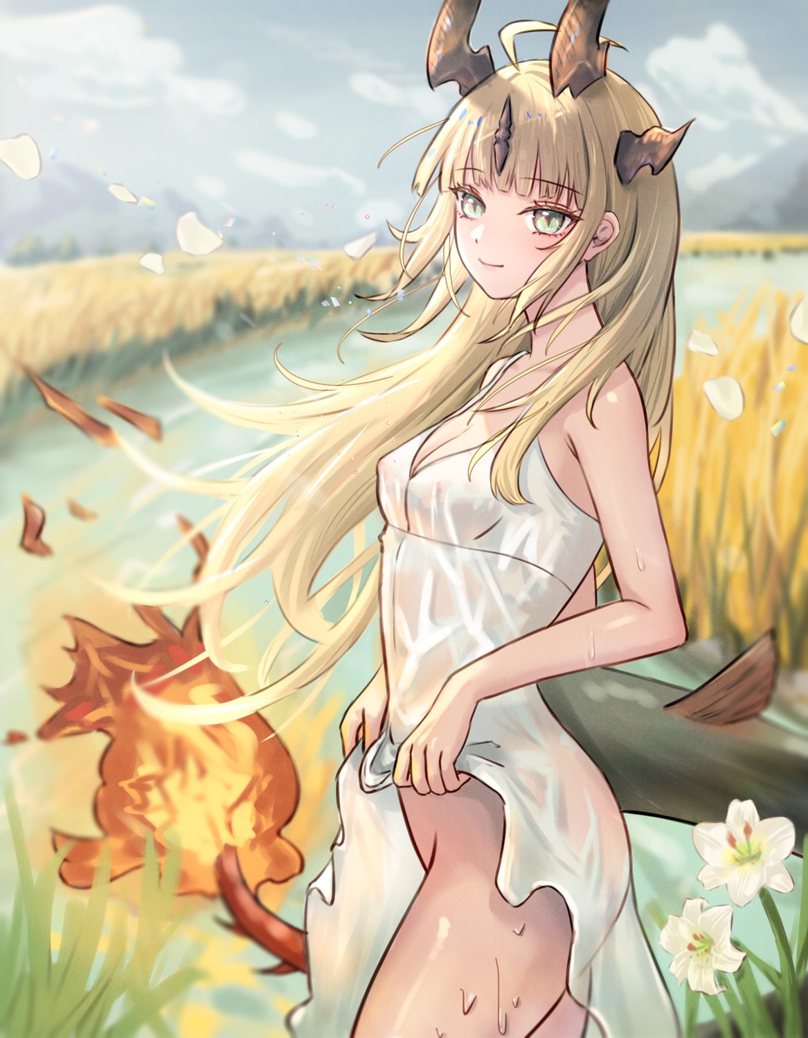 arknights dress horns nopan reed_(arknights) runyo_(yale12312) see_through skirt_lift summer_dress tail wet_clothes