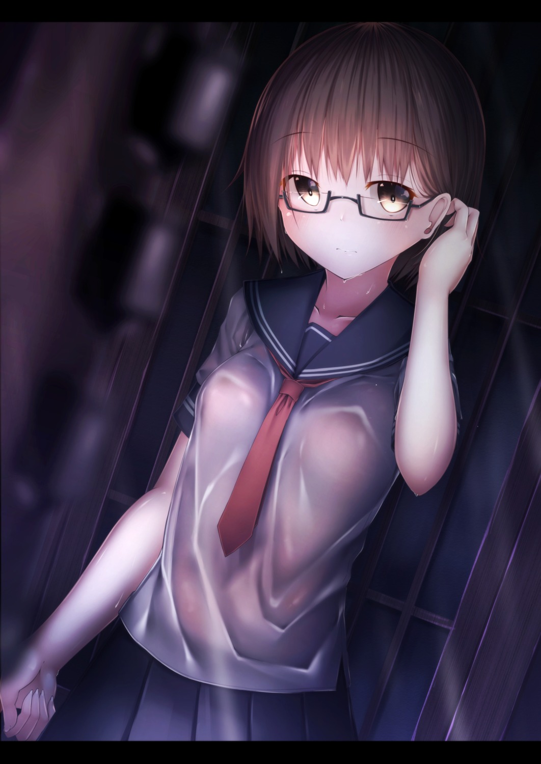 megane rerrere see_through seifuku wet_clothes