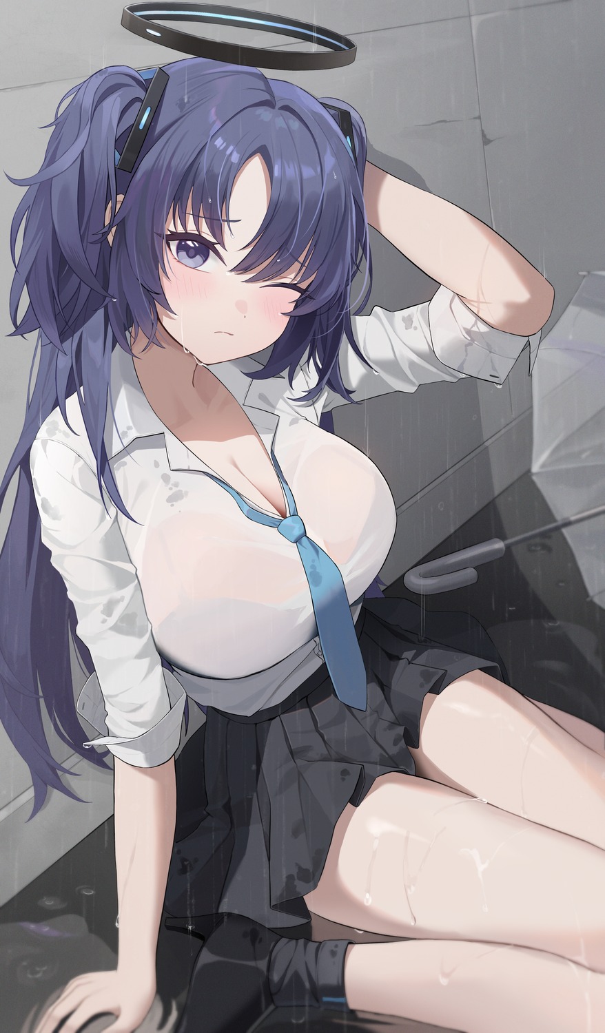 atom_mtoa blue_archive bra halo hayase_yuuka open_shirt see_through seifuku wet wet_clothes