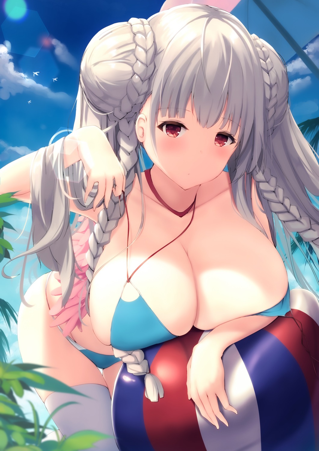 azur_lane bikini breast_hold formidable_(azur_lane) liya swimsuits thighhighs wardrobe_malfunction