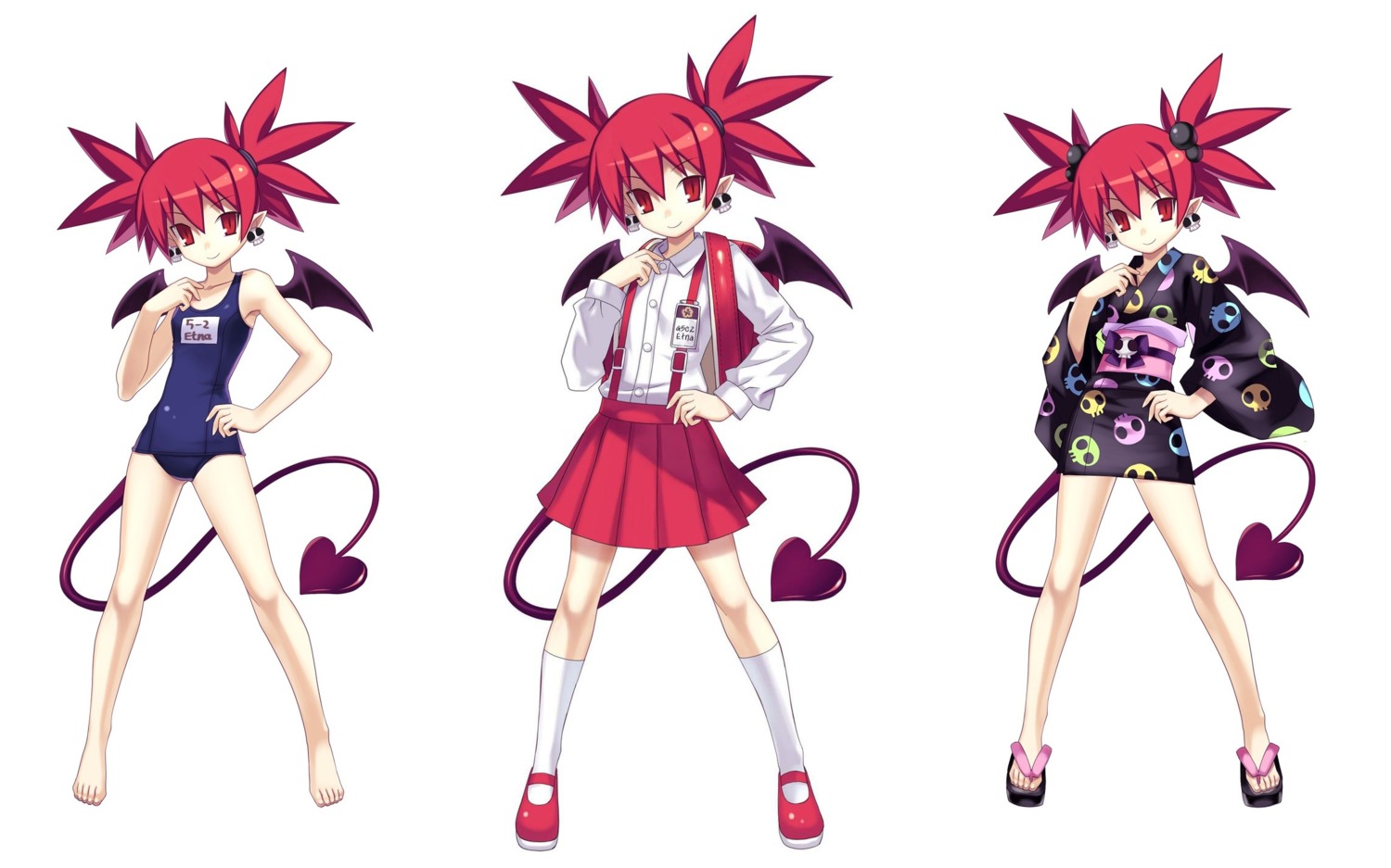 cross_edge disgaea etna nippon_ichi_software pointy_ears school_swimsuit seifuku swimsuits tail tsunako wings yukata