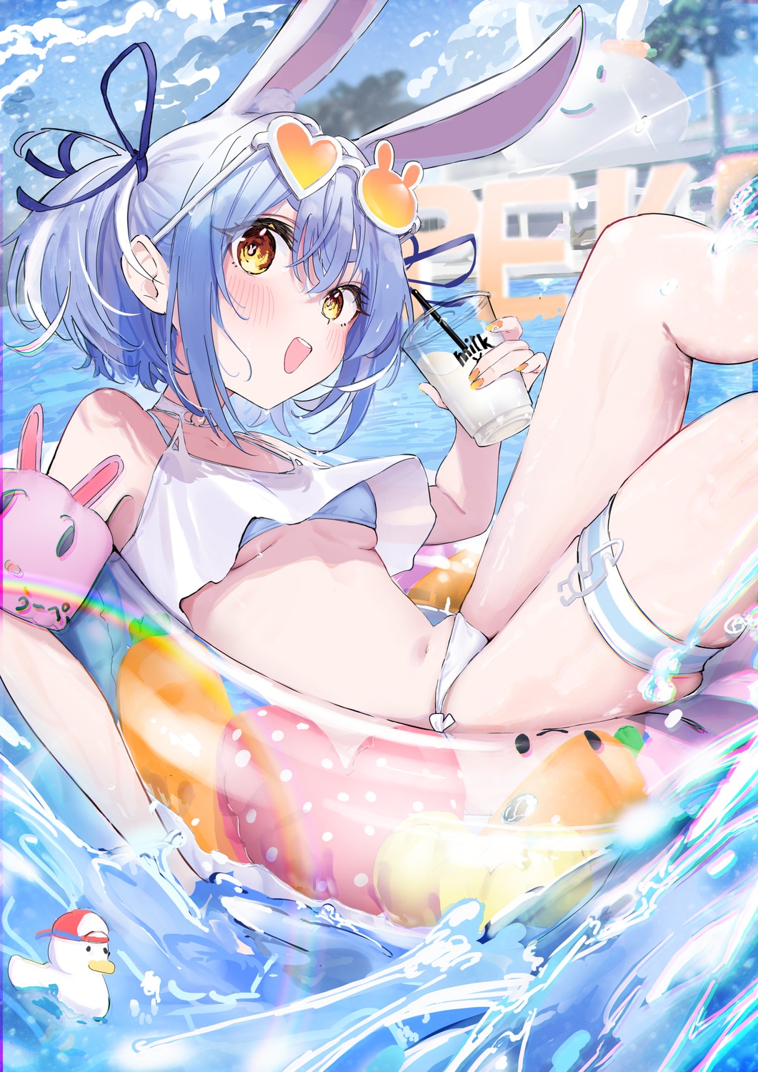 animal_ears bikini bunny_ears garter gyoku_seisyoku hololive megane swimsuits usada_pekora wet