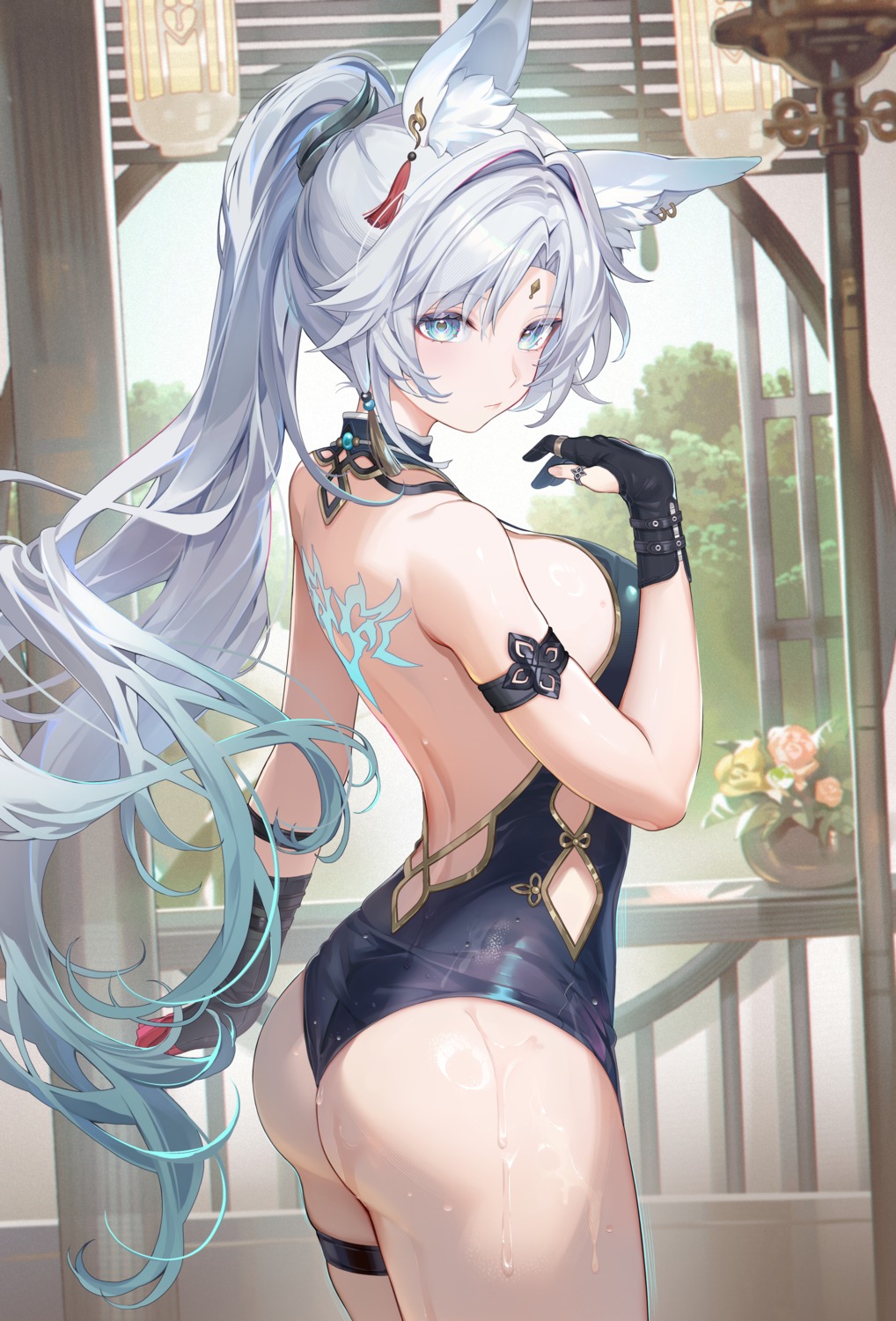 animal_ears asian_clothes ass feixiao garter honkai:_star_rail machi_(7769) no_bra tattoo wet