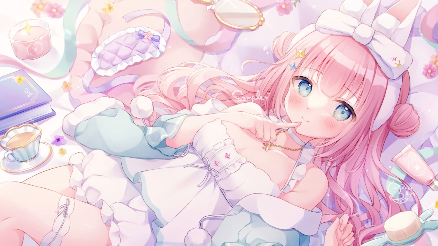 animal_ears bloomers bunny_ears cleavage garter no_bra omochi_monaka pajama wallpaper