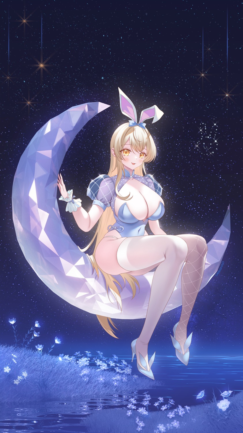 animal_ears bunny_ears bunny_girl fishnets heels no_bra see_through thighhighs zzo_(chorizzzzo)