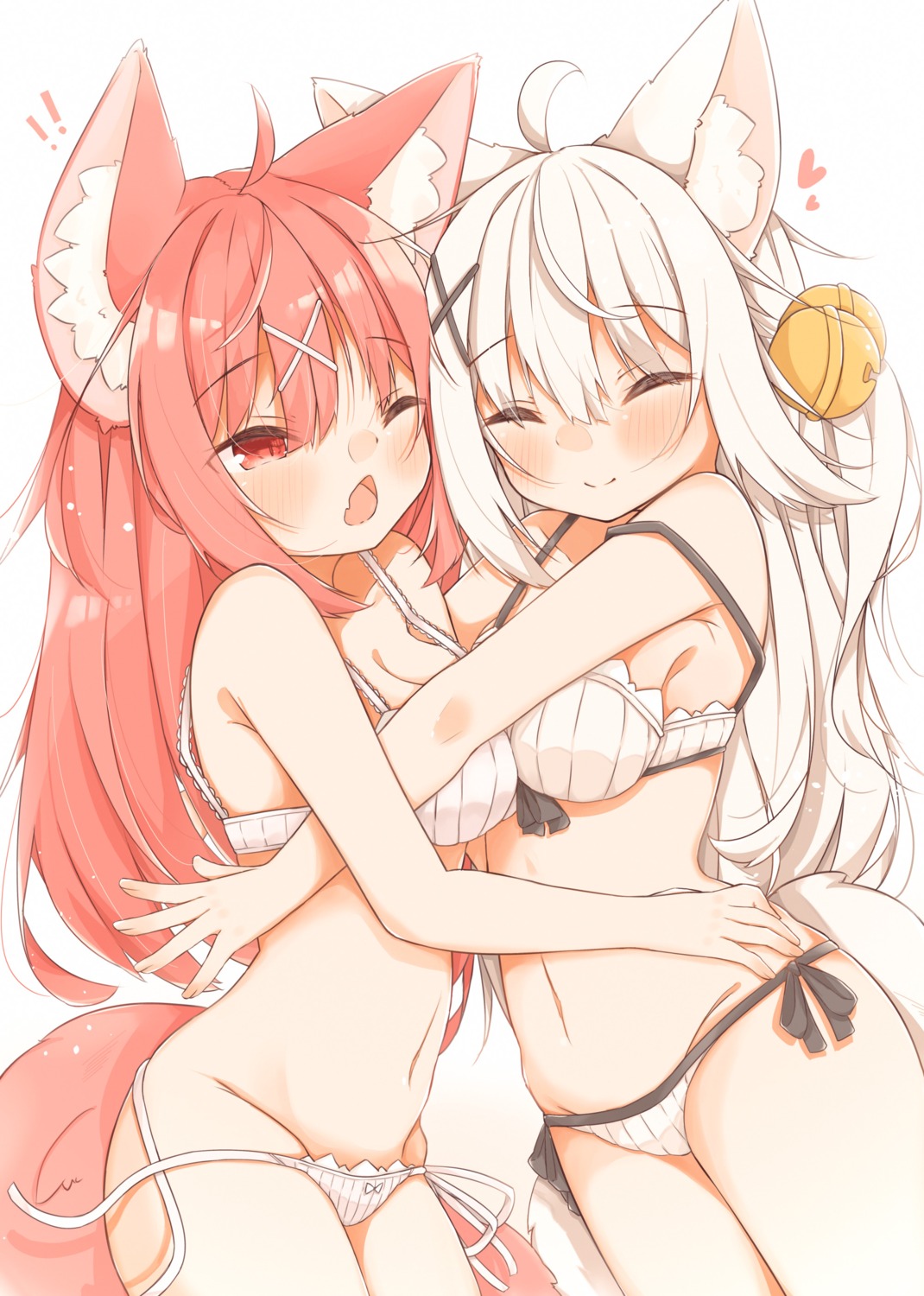 animal_ears bra cleavage kitsune minato_yu0 pantsu panty_pull string_panties symmetrical_docking tail wardrobe_malfunction yuri