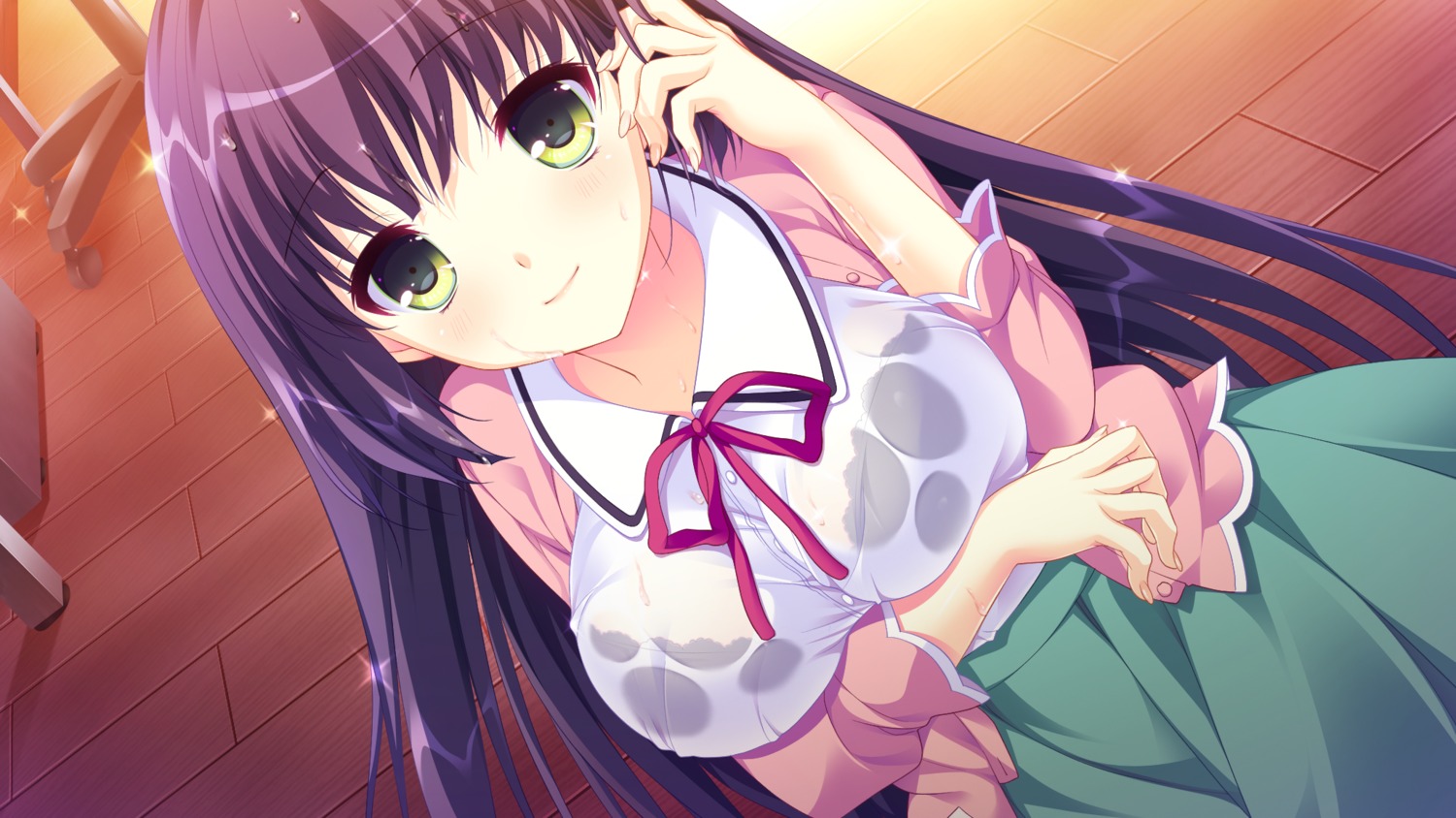 bra breast_hold escu:de game_cg kuroki_ayame open_shirt panical_confusion see_through seifuku shiwasu_horio wet_clothes