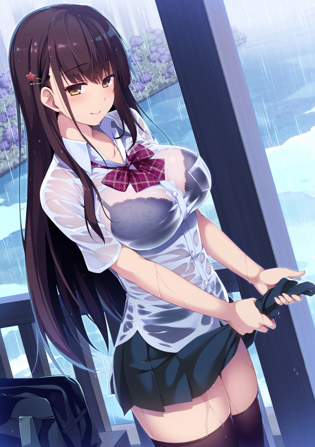 bra see_through seifuku skirt_lift thighhighs wet_clothes yuzuka