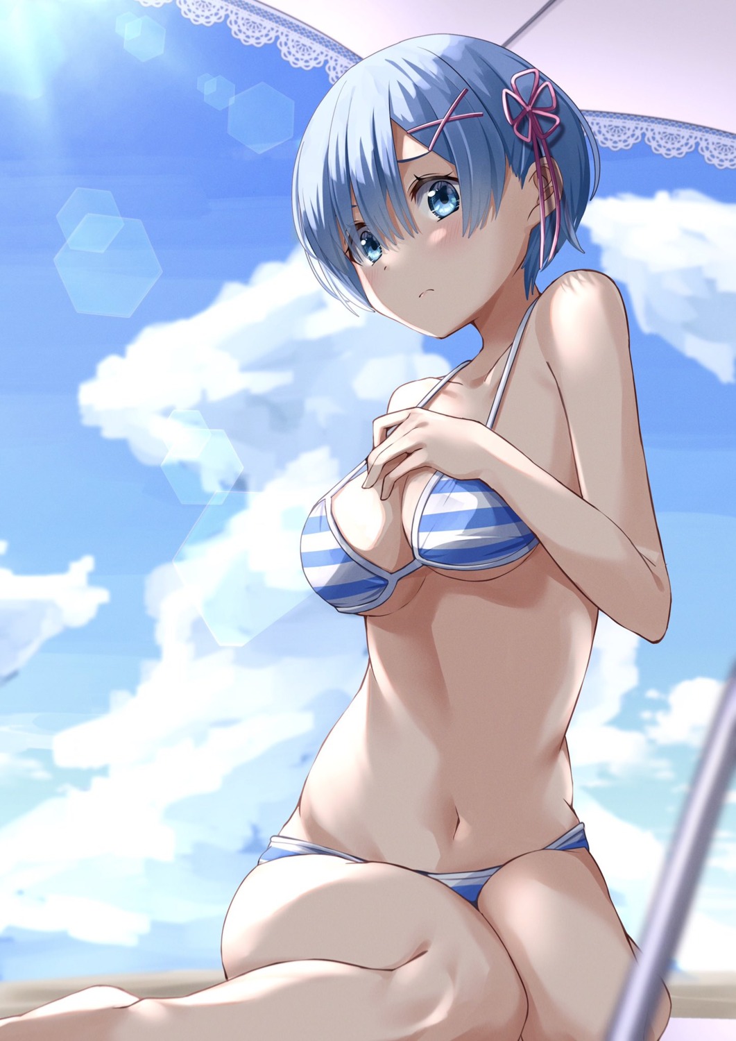 bikini breast_hold cleavage kiona re_zero_kara_hajimeru_isekai_seikatsu rem_(re_zero) swimsuits