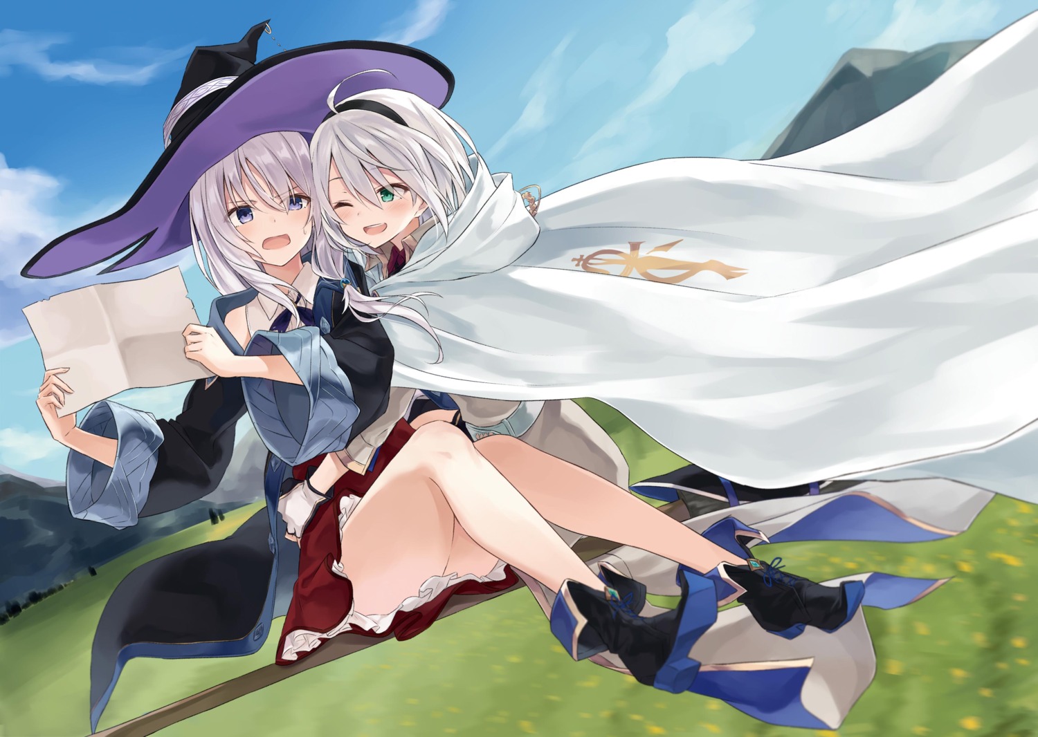 amnesia_(majo_no_tabitabi) azuuru elaina_(majo_no_tabitabi) heels majo_no_tabitabi skirt_lift witch yuri