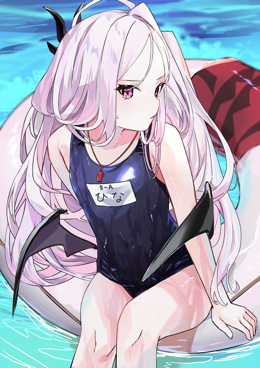 blue_archive devil horns loli school_swimsuit sorasaki_hina swimsuits wet wet_clothes wings yamada_seimei